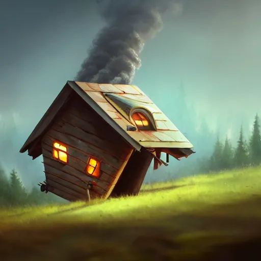 Prompt: a walking wood and metal house with two legs and one big eye, smoke chimney, rust, hyperrealistic, highly detailed, cinematic, single ray of sun, morning, pareidolia, gravity falls style, disney, ghibli, beautiful, cgssociety, artstation, 8 k, oil painting, digital art