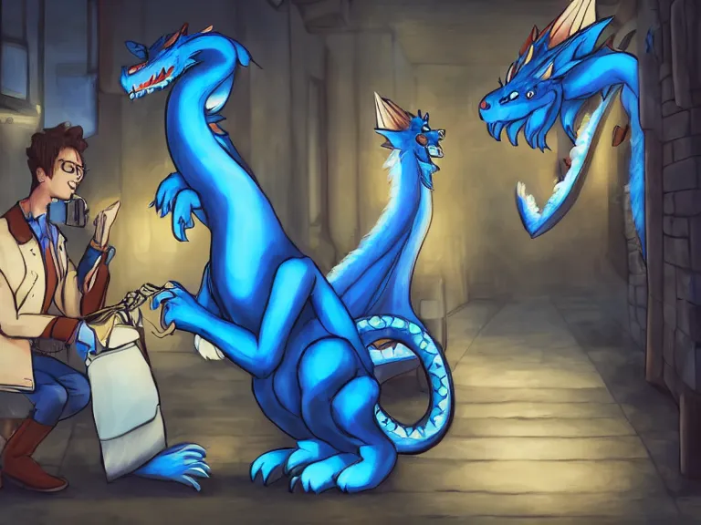Image similar to Furry art of an anthropomorphic male blue dragon fursona going out on a romantic date with his anthropomorphic male dog boyfriend in Montreal, highly detailed, soft lighting, 4k