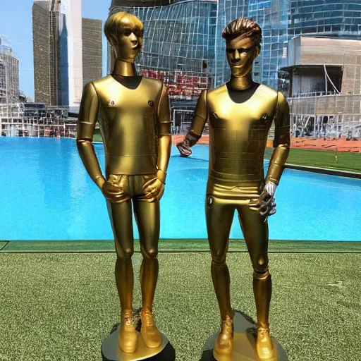 Image similar to a realistic detailed photo of a guy who is an attractive humanoid who is half robot and half humanoid, who is a male android, soccer players martin ødegaard & timo werner, shiny skin, posing like a statue, blank stare, by the pool, on display, showing off his muscles, gold soccer shorts, no jersey, statue, many copies of them