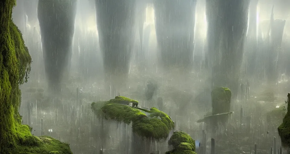 Image similar to a futuristic city scape of vertical organic farms, growing, mossy cellular structures, epic landscape, endless towering science fiction towers, raining, misty, in the style of john harris