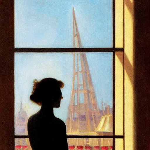 Image similar to silhouette of a woman gazing out her hotel window at the rain, extremely detailed masterpiece, oil on canvas, low-key neon lighting, in the world of Edward Hopper, artstation, by J. C. Leyendecker and Peter Paul Rubens,