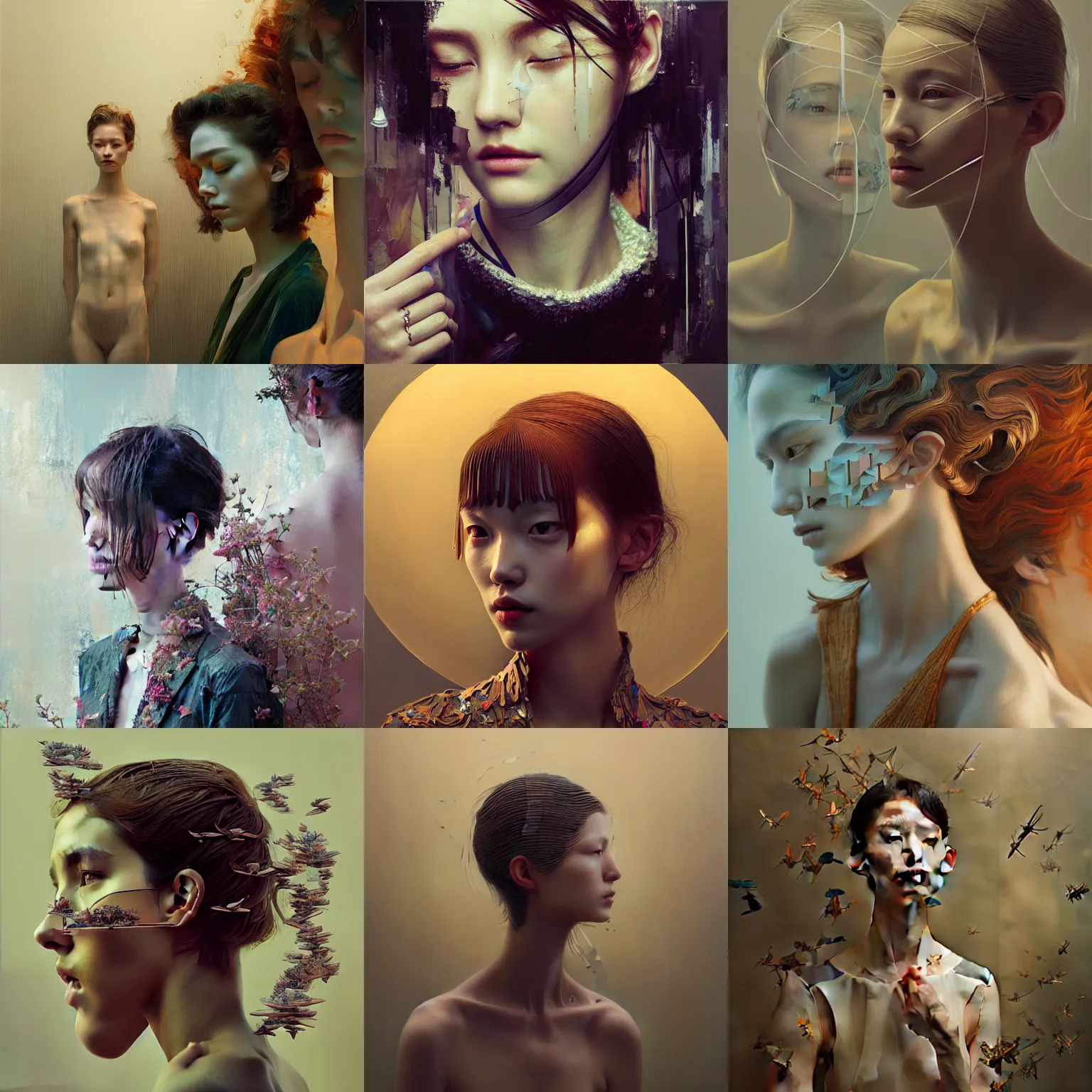 Prompt: 3 d, fashion models looks into the frame, intricate oil painting, high detail, figurative art, multiple exposure, poster art, 3 d, by tooth wu and wlop and beeple