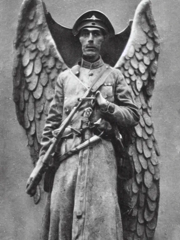 Image similar to portrait of angel of death, ww1 photo, grainy, high detail, high resolution,
