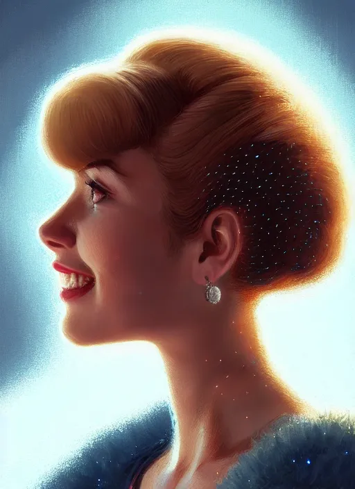 Image similar to portrait of betty cooper with fluffy bangs, bangs, 1 9 6 0 s, ponytail, curly bangs and ponytail, rounder face, intricate, elegant, glowing lights, highly detailed, digital painting, artstation, concept art, smooth, sharp focus, illustration, art by wlop, mars ravelo and greg rutkowski