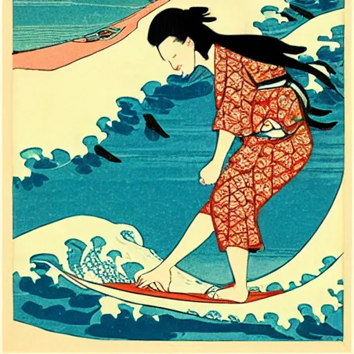 Prompt: girl surfing, woodblock print, style of hokusai, fine art, style of kanagawa, painting