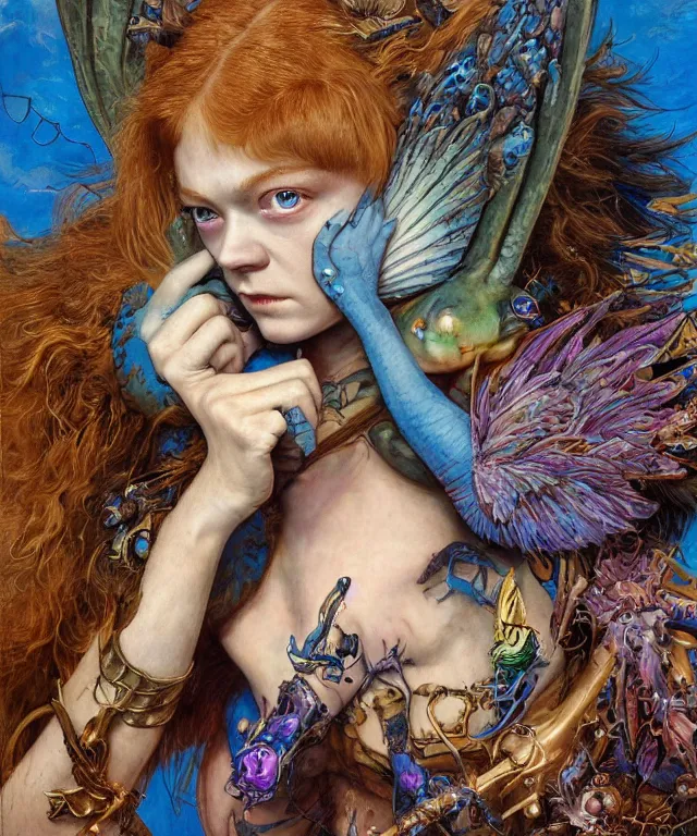 Image similar to a portrait photograph of a meditating fierce sadie sink as a colorful harpy antilope super hero with blue skin with scales. she is being transformed into a alien amphibian animal. by donato giancola, hans holbein, walton ford, gaston bussiere, peter mohrbacher and brian froud. 8 k, cgsociety, fashion editorial