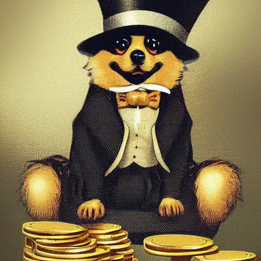 Image similar to A pomeranian wearing a top-hat and a monocle, sitting on a pile of gold coins