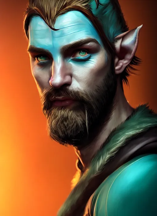 Image similar to A striking epic hyper real comic book style portait painting of an arrogant half-elf ranger, teal tunic, teal headband, shaggy brown hair, scruffy beard, scar on face, D&D Concept Art, unreal 5, DAZ, Apex legends concept art, hyperrealistic, octane render, cosplay, RPG portrait, dynamic lighting