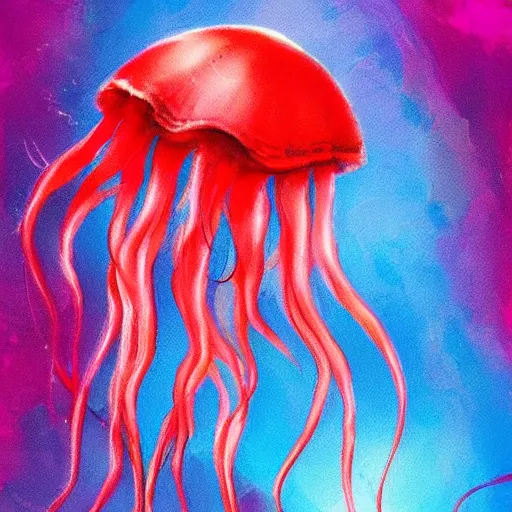 Prompt: fantasy red jellyfish swiming in blue waters, artstation, beautiful, colorful