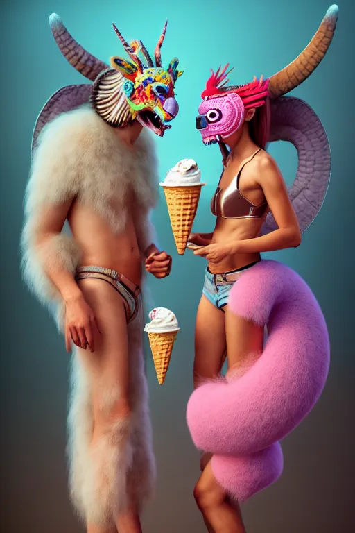 Prompt: high quality 3 d render hyperrealist very cute pastel fluffy! aztec warrior & quetzalcoatl eating giant ice cream, vray smooth, in the style of watchmen, hannah yata, very dramatic light, low angle, uhd 8 k, shallow depth of field