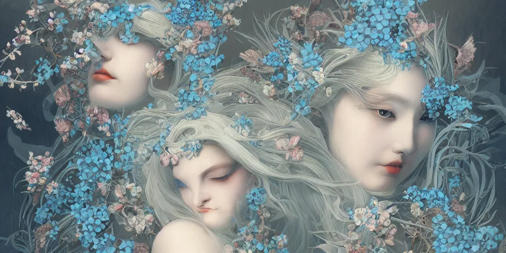 Image similar to breathtaking detailed concept art painting art deco pattern of blonde faces goddesses amalmation light - blue flowers with anxious piercing eyes and blend of flowers and birds, by hsiao - ron cheng and john james audubon, bizarre compositions, exquisite detail, extremely moody lighting, 8 k