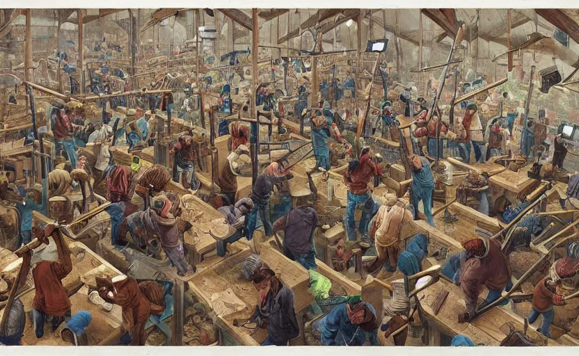 Prompt: a room full of men with their hammers a - bleedin ’, award - winning, extremely detailed, beautiful artwork,