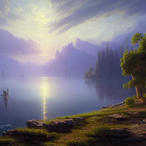 Image similar to a very beautiful scenic view, simple, consistent and high quality big lake landscape painting by tyler edlin, albert bierstadt, ivan shishkin, anton fadeev and beeple, # vfxfriday, vivid, velvia, hyper realistic, wide angle, detailed, masterpiece, 8 k resolution, matte painting, trending on artstation