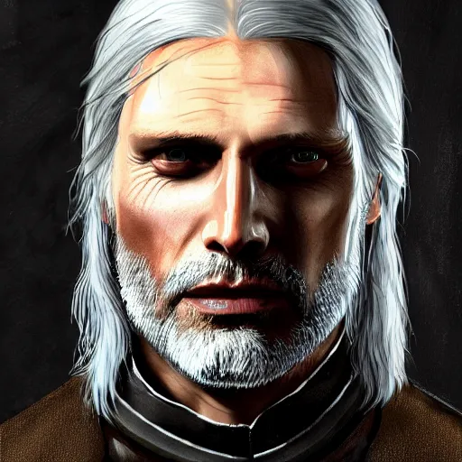 Image similar to mads mikkelsen as geralt from the witcher, portait art, detailed and accurate face