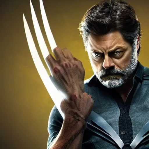 Prompt: logan pictured as nick offerman in wolverine x - men suit, imdb, marvel movie still, detailed 8 k, poster style, deviantart and artstation top picks