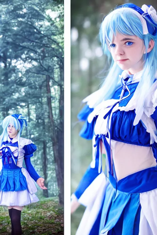 Prompt: Cosplay photography of Anya Taylor Joy as Cirno from Touhou