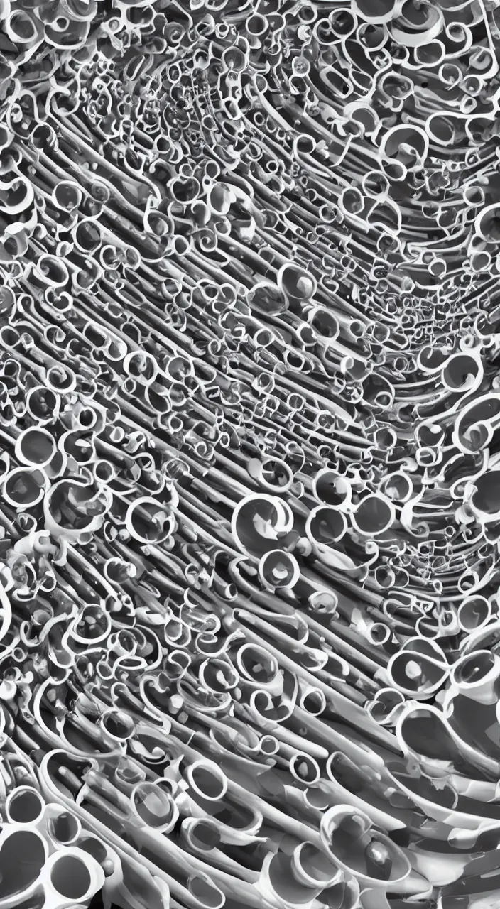 Prompt: an arrangement of ceramic pipes in the shape of vocal tracts ejecting a pattern of fractal jet streams of air, highly detailed, 8 k, unreal,
