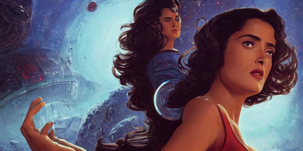 Image similar to Salma Hayek as a stunning , beautiful retro SCI-FI space heroine 1985 , movie poster, intricate, elegant, highly detailed, centered, digital painting, trending on artstation, concept art, smooth, sharp focus, illustration, art by raphael lacoste ,eddie mendoza ,alex ross, WLOP