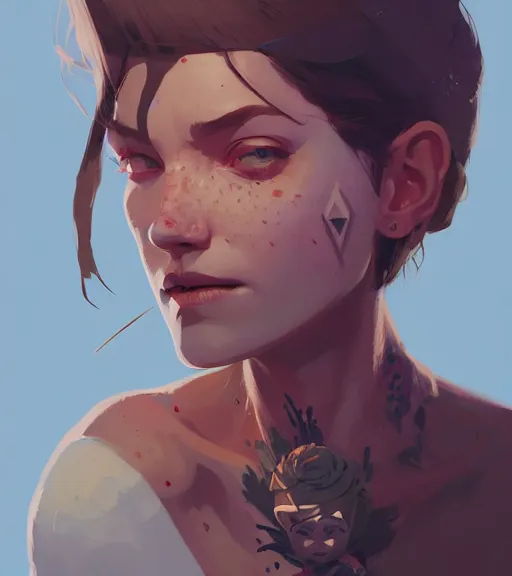 Image similar to portrait of a woman raised on the island face tatooes by atey ghailan, by greg rutkowski, by greg tocchini, by james gilleard, by joe fenton, by kaethe butcher, by craig mullins, dynamic lighting, gradient light blue, brown, blonde cream and white color scheme, grunge aesthetic