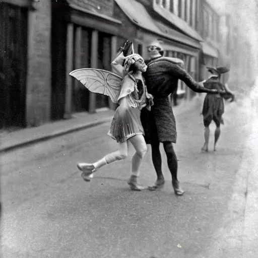 Prompt: a historical old photograph of two fairies flying through a street in brooklyn in the roaring twenties, amazing, in the evening, lights, romantic
