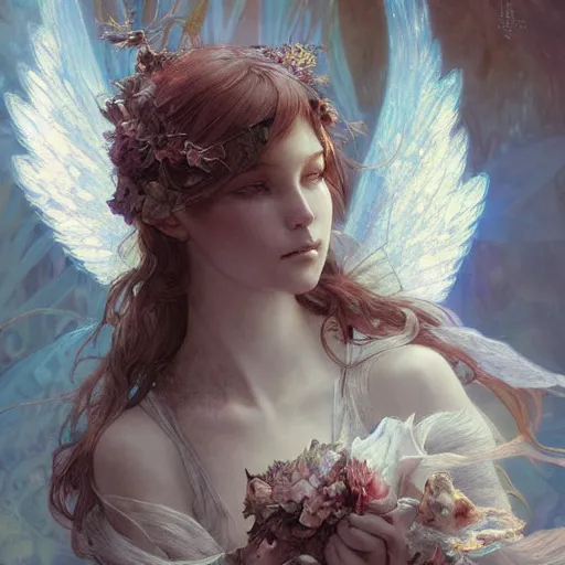 Image similar to beautiful angelic seductive fairy, fantasy, intricate, cinematic lighting, highly detailed, digital painting, artstation, smooth, sharp focus, illustration, art by Akihiko Yoshida, Greg Rutkowski and Alphonse Mucha, by Pixar