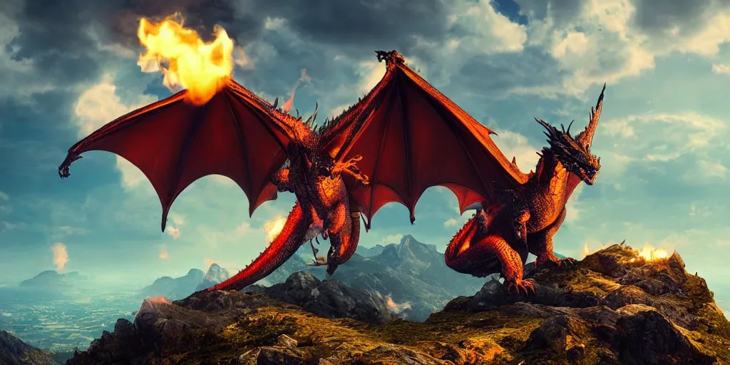 Image similar to One dragon with half open wings breathing fire on the top of a mountain, epic composition, detailed and intricate image, cinematic, 4K