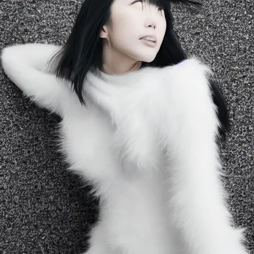 Image similar to full body aesthetic photograph of a beautiful young Japanese woman wearing fuzzy white cat ears, by Nick Knight, headshot, realistic, photorealistic, HD, 4k resolution