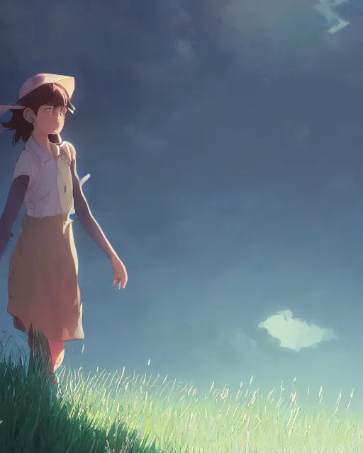 Image similar to farmer girl, full shot, atmospheric lighting, by makoto shinkai, stanley artger m lau, wlop, rossdraws, james jean, andrei riabovitchev, marc simonetti, krenz c