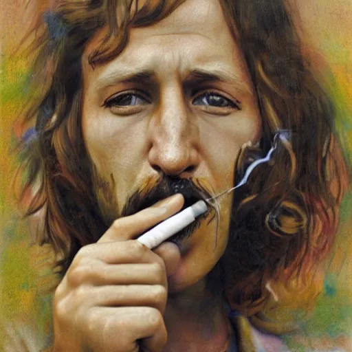 Image similar to photorealistic high detailed portrait of 1960s hippy with cigarette in mouth