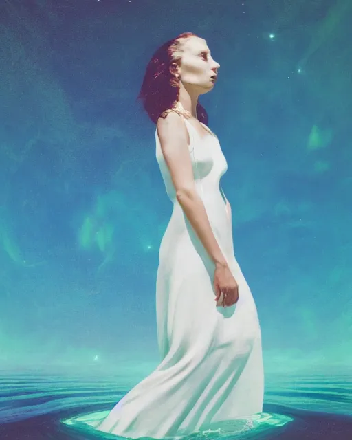 Image similar to a woman in a white dress standing in the water, an album cover by stanley twardowicz, trending on cg society, retrofuturism, retrowave, chillwave, synthwave