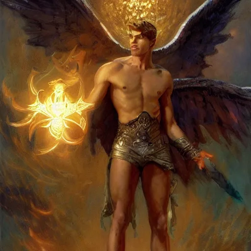 Image similar to attractive male deity casts light spell, summons attractive male lucifer morningstar. highly detailed painting by gaston bussiere, craig mullins, j. c. leyendecker 8 k