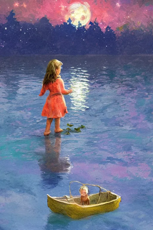 Prompt: beautiful majestic impressionism concept art, little girl with braided her takes a boat ride in a lake, with her puppy, moonlit nightscape, smooth, trending on artstation, 8 k