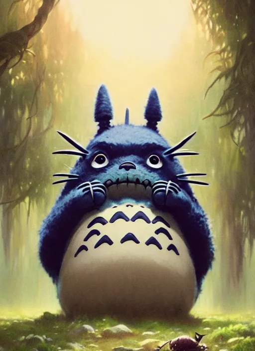 Image similar to Highly detailed portrait of Totoro, Stephen Bliss, unreal engine, fantasy art by Greg Rutkowski, Loish, Rhads, ferdinand knab, Makoto Shinkai and Lois van baarle, ilya kuvshinov, rossdraws, Tom Bagshaw, alphonse mucha, global illumination, radiant light, detailed and intricate environment