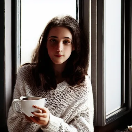 Image similar to photograph of a pretty french girl with dark hair, wearing a loose fitting oversized homely white sweater, cuddled up on a windowsill sipping tea from a mug with the light of the sunset illuminating her beautiful brown eyes. Shot in the style of Annie Leibovitz for an Ikea catalogue in 2008, Sigma 1.6, 50mm, bokeh, cinematic lighting, high detail, tack sharp focus, award winning.