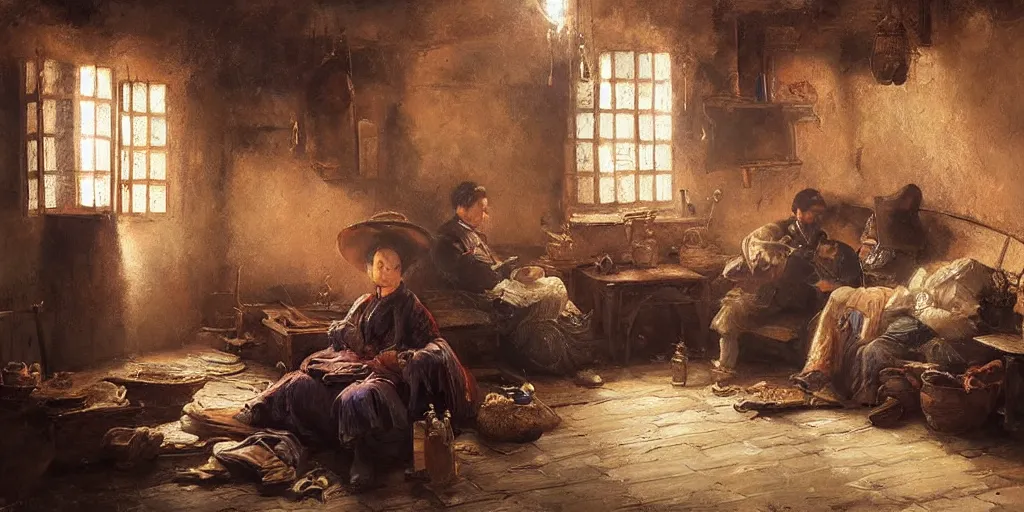 Prompt: a stunning and noble highly detailed romantic period style atmospheric oil painting of an Opium den by Josep Tapiró Baró, trending on artstation, oil painting masterpiece