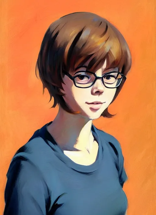 Image similar to Greg Manchess painting of Velma Dinkley, anime style, countryside, calm, fantasy character portrait, dark outlines, dynamic pose, above view, sunny day, artwork by Makoto Shinkai, very coherent asymmetrical artwork, sharp edges, perfect face, simple form, 100mm