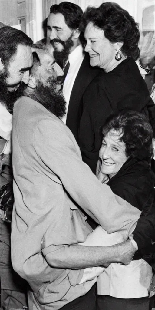 Prompt: an embrace between fidel castro and margaret trudeau, and vertically below justin trudeau as fidel castro