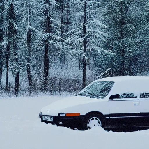 Image similar to vhs footage of a 1 9 9 5 volvo car in a snowy forest