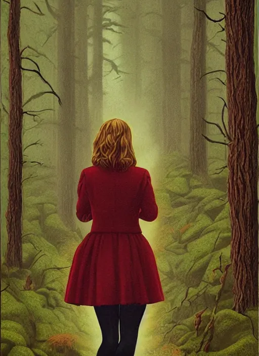 Prompt: twin peaks poster art, from scene from twin peaks, by michael whelan, artgerm, retro, nostalgic, old fashioned, portrait of jennifer connelly in woods looking for her friends