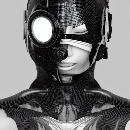 Prompt: a person in a black and white outfit with a mask on, cyberpunk art by ryusei kishida, featured on cgsociety, panfuturism, daz 3 d, 8 k 3 d, polycount