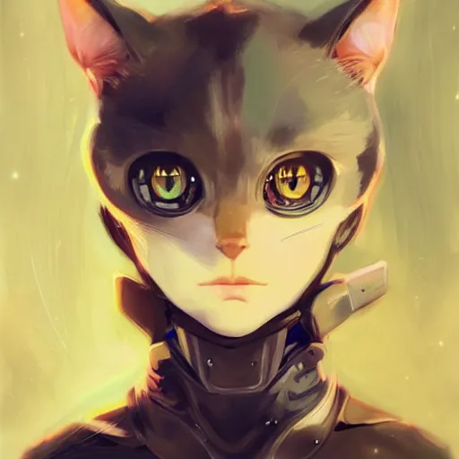 Image similar to A potrait of a cyborg cat with big and cute eyes, fine-face, realistic shaded perfect face, fine details. Very anime style. Realistic shaded lighting poster by Ilya Kuvshinov katsuhiro, magali villeneuve, artgerm, Jeremy Lipkin and Michael Garmash, Rob Rey and Kentarõ Miura style, trending on art station