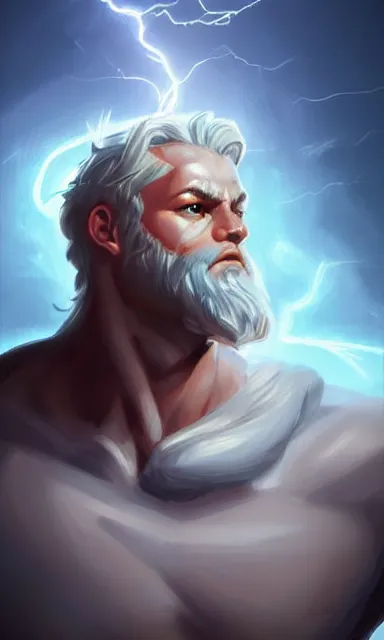 Image similar to epic scene of zeus, lightning, portrait, sharp focus, fantasy, digital art, concept art, dynamic lighting, epic composition, trending on artstation, by emylie boivin 2. 0, rossdraws 1. 5, artgerm 1. 0