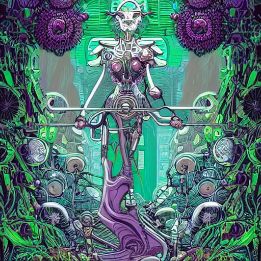 Image similar to the cyborg priestess surrounded by mechanical flowers, Dan Mumford