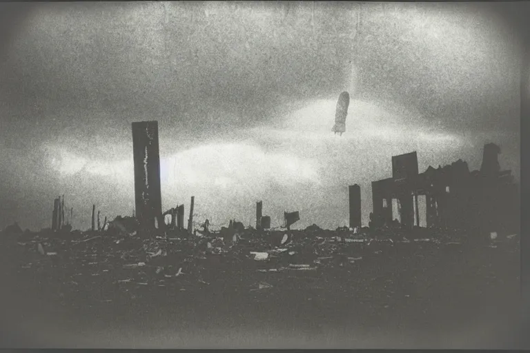 Image similar to dark old polaroid of an ufo flying above an destroyed city during a thunderstorm, pictorialism, fallout, desolate, wide angle, award winning