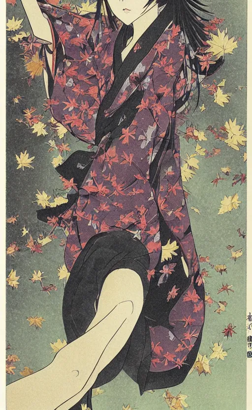 Image similar to by akio watanabe, manga art, a girl looking at the falling maple leafs, trading card front, kimono, realistic anatomy