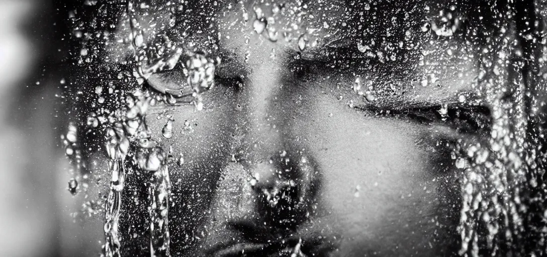 Image similar to “ the face of a man in agony reflected through a drop of water, dramatic lighting, incredible quality, bokeh ”