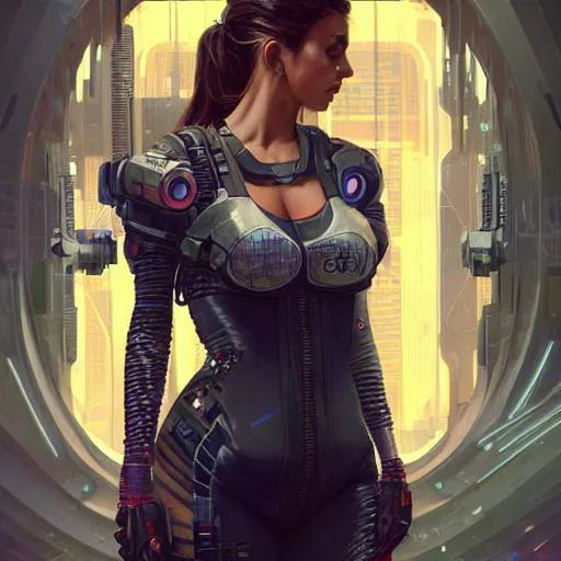 Image similar to highly detailed ana de armas as a cyberpunk character wearing far future cyberpunk clothes, intricate, elegant, highly detailed, digital painting, artstation, concept art, smooth, sharp focus, illustration, art by artgerm and greg rutkowski and alphonse mucha