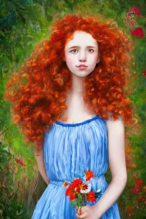 Image similar to a digital matte painting whimsical of an young beautiful face girl, with curly red hair, freckles, blue frilly dress and flowers whimsical, by magali villeneuve