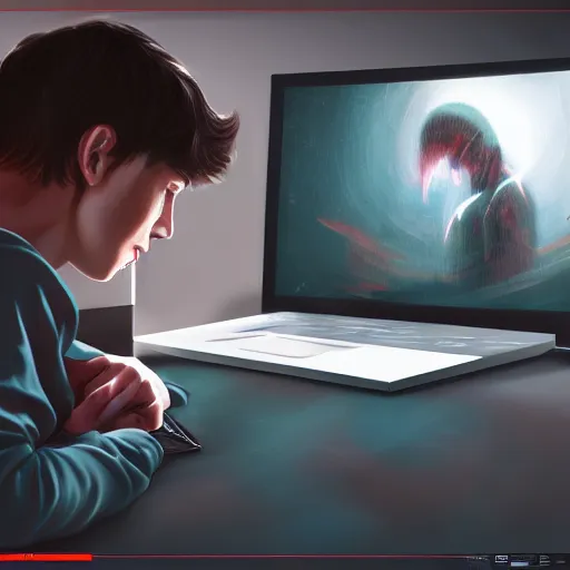 Image similar to realistic teenager using laptop in super tech room, artstation trends, concept art, highly detailed, intricate, sharp focus, digital art, 8 k