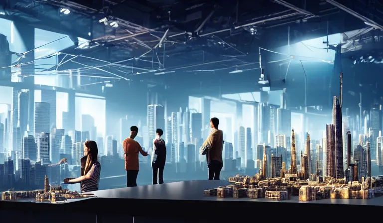 Image similar to group of people in simple warehouse, looking at hologram of futuristic city on a table, cinematic concept art, godrays, golden hour, natural sunlight, 4 k, clear details, tabletop model buildings, center model buildings, hologram center, crane shot, crane shot, crane shot